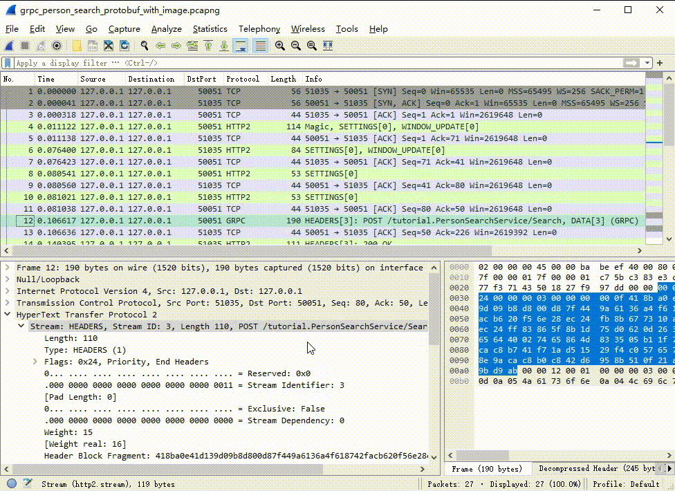 Packets are decoded as HTTP2 and gRPC messages